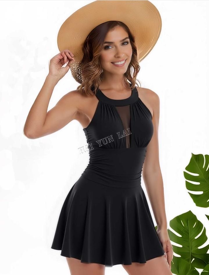 Traje de baño de una pieza para mujer con inserción de malla transparente de color negro, tallas grandes, S-XL