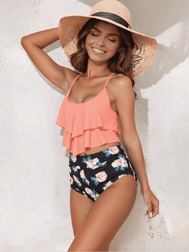 2025 Traje de baño de lujo de dos piezas con tirantes ajustables y adornos de hojas de loto para fiestas en la playa