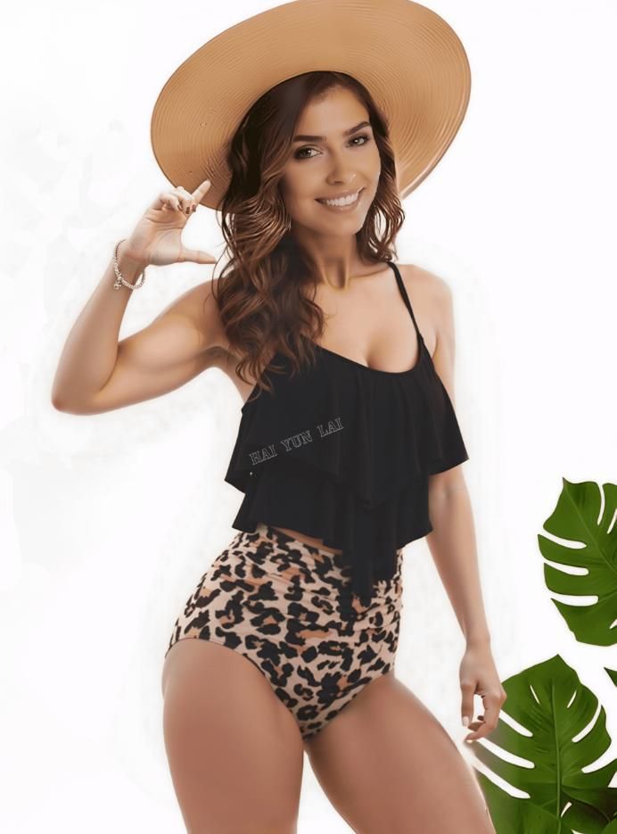 2025 Traje de baño de lujo de dos piezas con tirantes ajustables y adornos de hojas de loto para fiestas en la playa