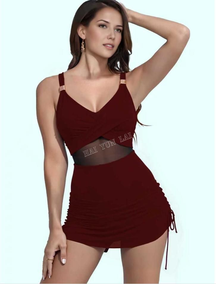 Traje de baño rojo profundo Tejido de malla negro que cubre la cintura para Sexy Plus Size Traje de baño de una pieza