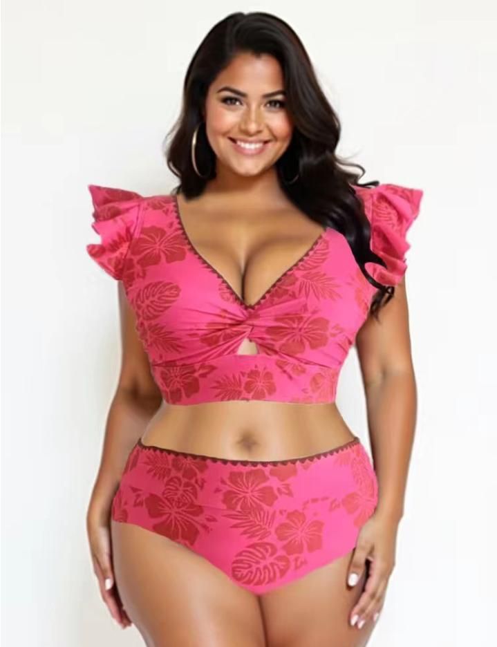 2025 Verano Popular Tendencia Rosa Patrón Floral con Volantes Puños Más Tamaño Bikini