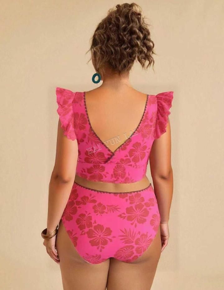 2025 Verano Popular Tendencia Rosa Patrón Floral con Volantes Puños Más Tamaño Bikini