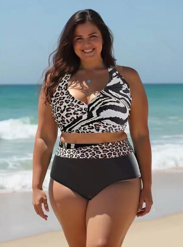 Dos estampados de leopardo empalmados Bikini talla grande XL-3XL