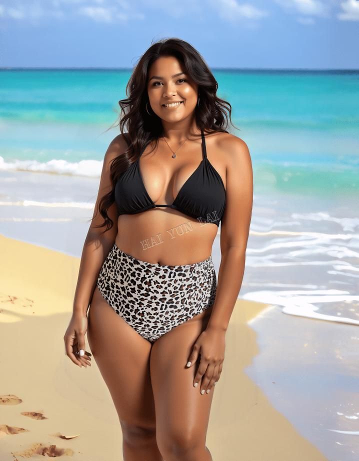 Bikini de estilo clásico, diseño de cintura alta para moldear los glúteos, bikini sexy con estampado de leopardo y negro puro