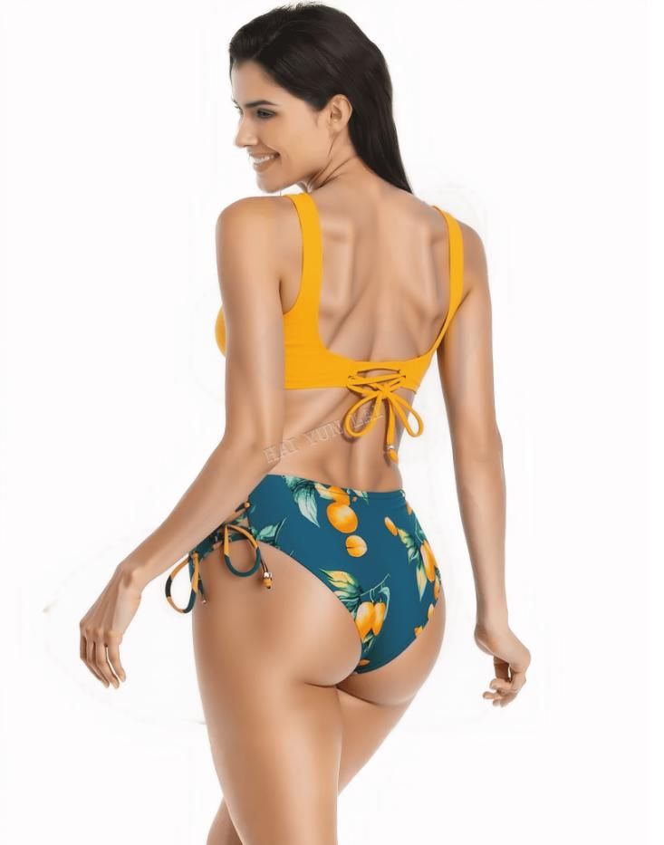 2025 European American Quick-Drying Tankini Ladies Solid Color Split Swimsuit Drawstring Hanging Neck Direct Bikinis Beachwear