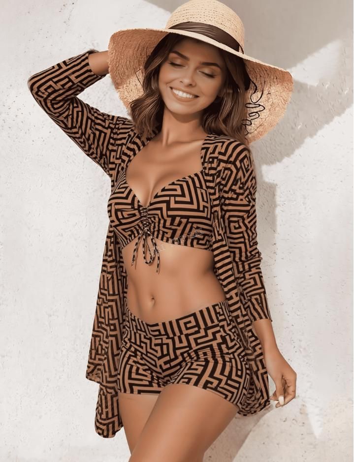 Popular Irregular Impreso Cubierta 3 Pieza Traje de Baño Conjunto Nuevo Diseño Alta Calidad Playa Bikini Set