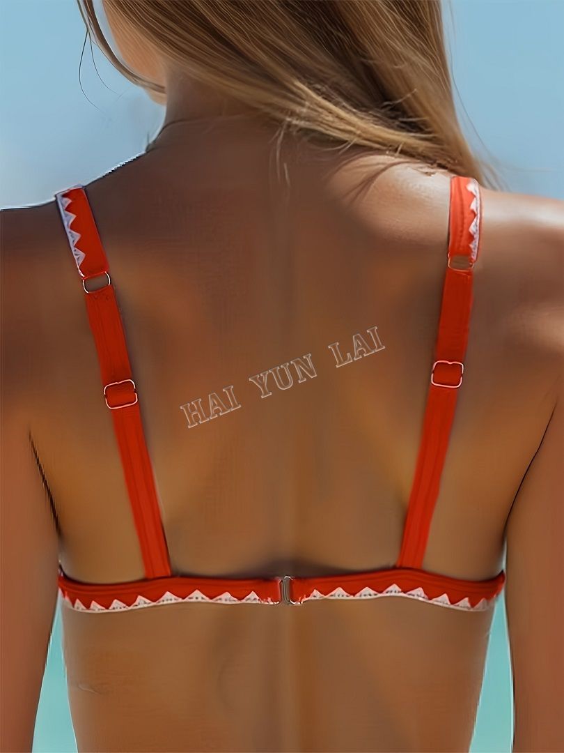 Europa y Estados Unidos Nuevo Sujetador Copa Duro Acolchado Escote Cintura Alta Bikini Encaje Estampado Naranja