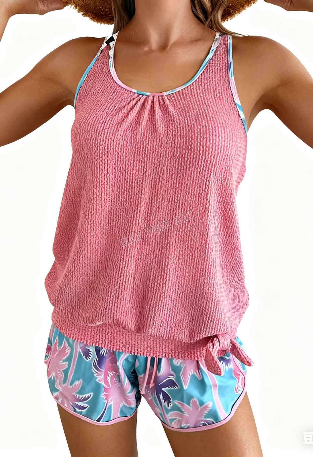 Bañador de dos piezas de punto con estampado de palmeras estilo vacacional Bañador de dos piezas de punto con estampado de palmeras estilo vacacional