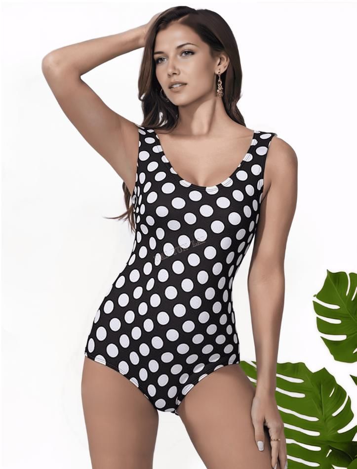 Bañador de Nylon Four Way Stretch Diseño Personalizado Lunares Negros
