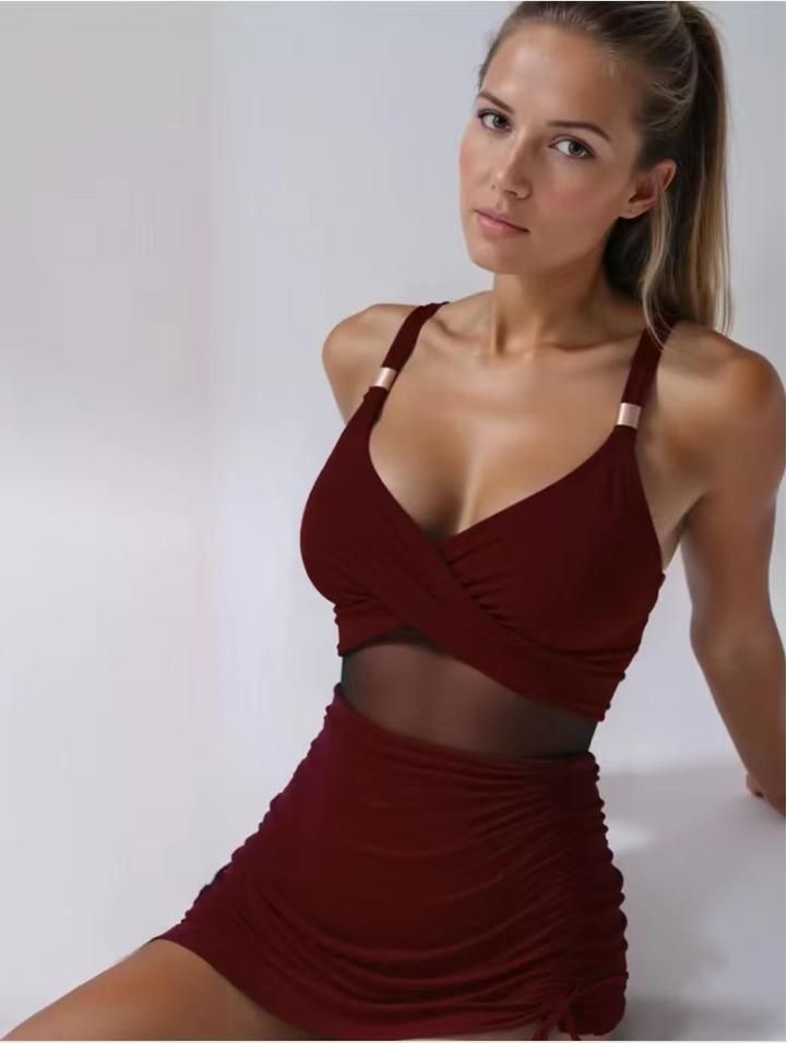 Traje de baño rojo profundo Tejido de malla negro que cubre la cintura para Sexy Plus Size Traje de baño de una pieza