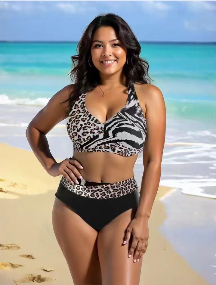 Dos estampados de leopardo empalmados Bikini talla grande XL-3XL