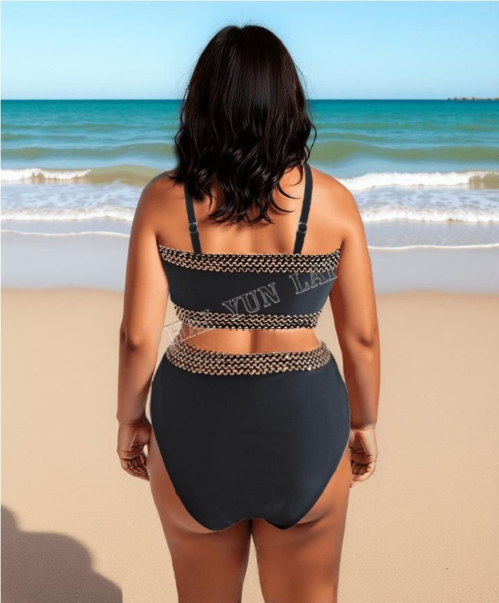 2025 Negro Rosa Leopardo Malla Trim 2pcs Bikini Traje de baño para las mujeres Plus Size XL-3XL
