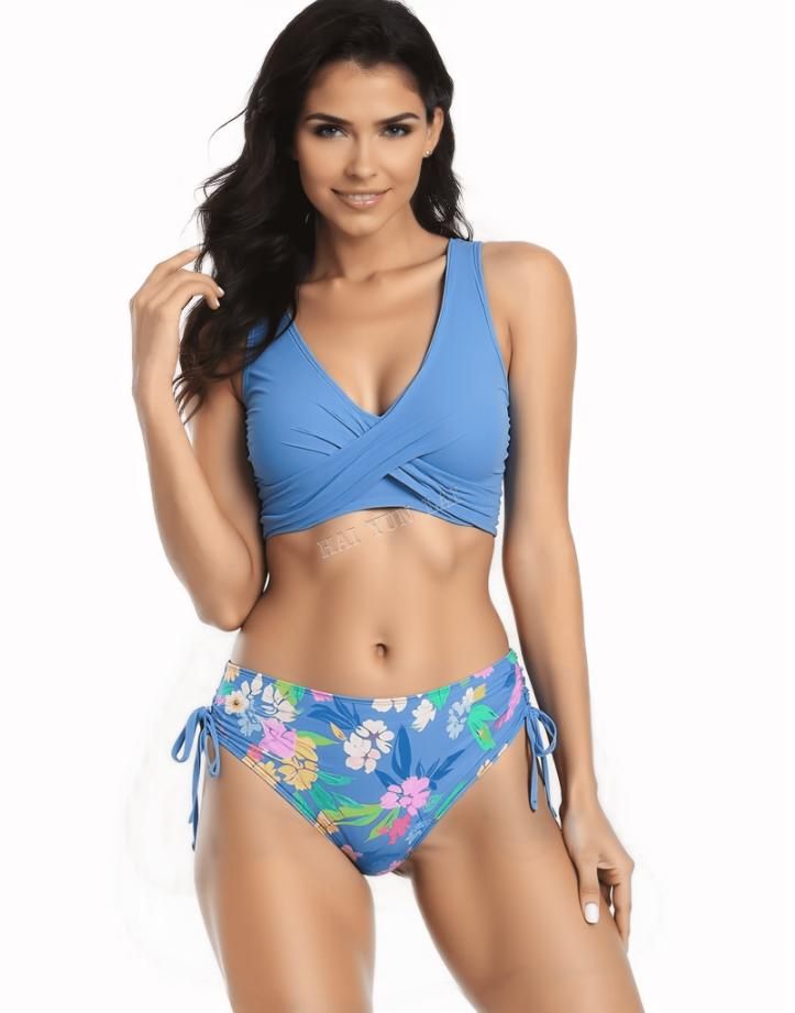 2025 European American Quick-Drying Tankini Ladies Solid Color Split Swimsuit Drawstring Hanging Neck Direct Bikinis Beachwear