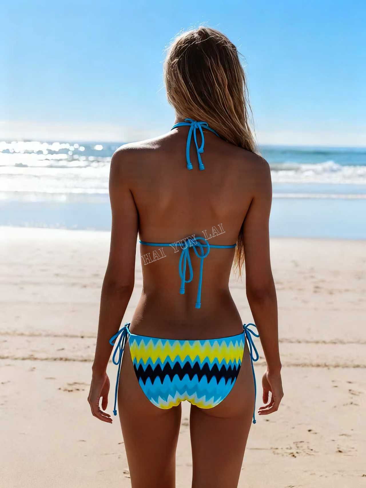 2026 Nuevo bikini con diseño en colores amarillo y azul, estampado de olas y tejido ecológico. 2026 Nuevo bikini con diseño en colores amarillo y azul, estampado de olas y tejido ecológico.