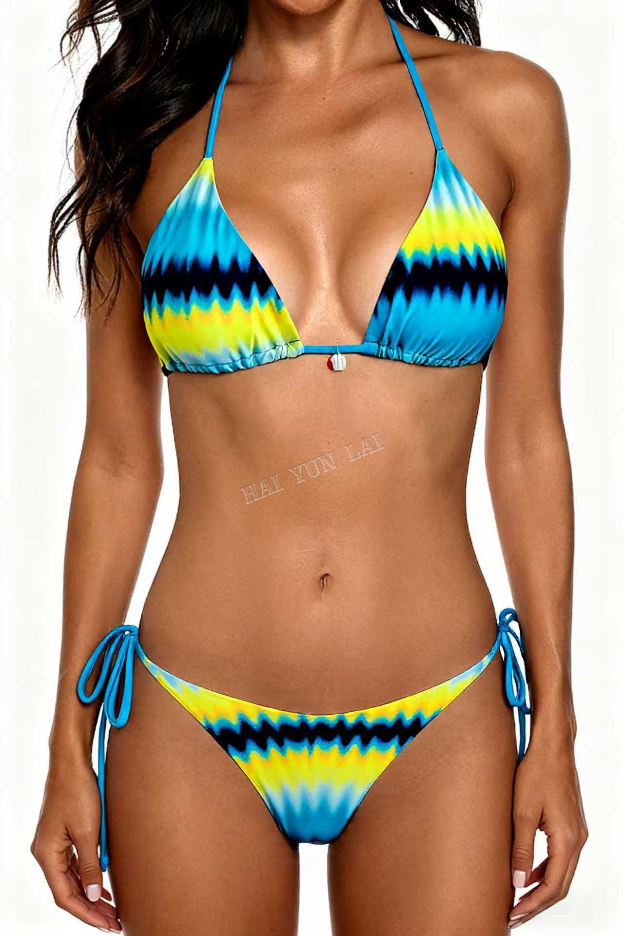 2026 Nuevo bikini con diseño en colores amarillo y azul, estampado de olas y tejido ecológico. 2026 Nuevo bikini con diseño en colores amarillo y azul, estampado de olas y tejido ecológico.